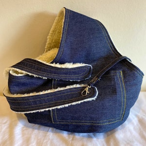 Puppy bag, Small dog bag, Dog bag, puppy carrier, puppy sling, denim fabric with Fleece  lining.