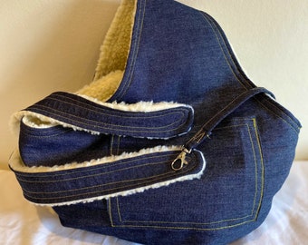 Puppy bag, Small dog bag, Dog bag, puppy carrier, puppy sling, denim fabric with Fleece  lining.