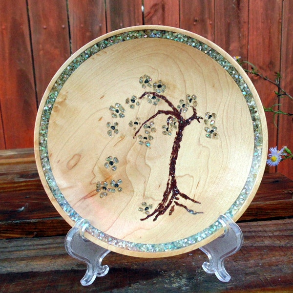 Stone inlaid tree of flowers on figured maple plate, display art piece , ring dish, jewelry dish, Hand crafted little beauty