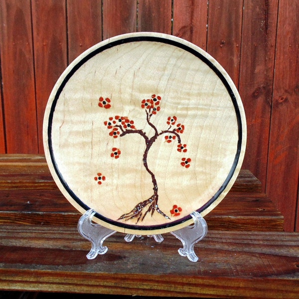 Stone inlaid tree of flowers on figured maple plate, display art piece , ring dish, jewelry dish, Hand crafted little beauty