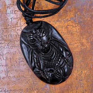 Egyptian Cat Goddess Bastet Pendant Necklace Warrior Amulet Black Horn Hand Carving
