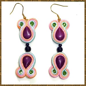 Soutache Organic Floral Earrings Earrings - 2 Tier Dangling Crimson, Pink, Multi-Color