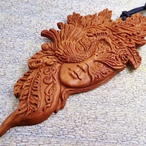 Masked Goddess With Phoenix A Magical Amulet Large Pendant Handcarved Necklace Art to Wear Teak Wood