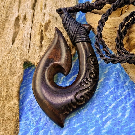 Large Fish Hook Pendant Macrame Necklace Hei Matau Hand Carved