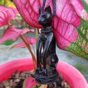 Egyptian Cat Goddess Bastet Pendant Necklace Handcarved Ebony Cat Lady Black Cat