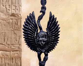 Egyptian Cat Goddess Bastet Pendant Macrame Necklace Handcarved Black Horn Scarab Wings Cat Lady