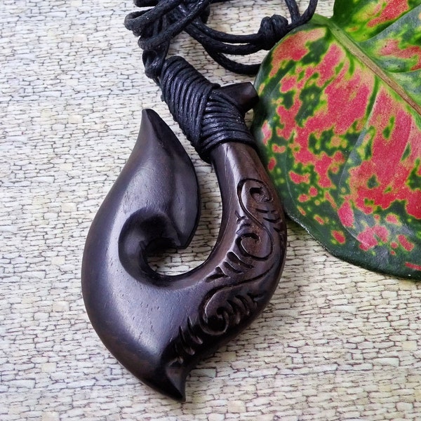 Large Fish Hook Pendant Necklace Hei Matau Hand Carved Black Wood, Large 3"