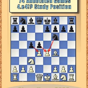 May include: A chess diagram with a blue and white checkered board, featuring black and white chess pieces in a specific game position. The text at the top reads "The Jobava London 74 Annotated Games 4.e4!? Study Position." The bottom text says "Chess Notes 2026."