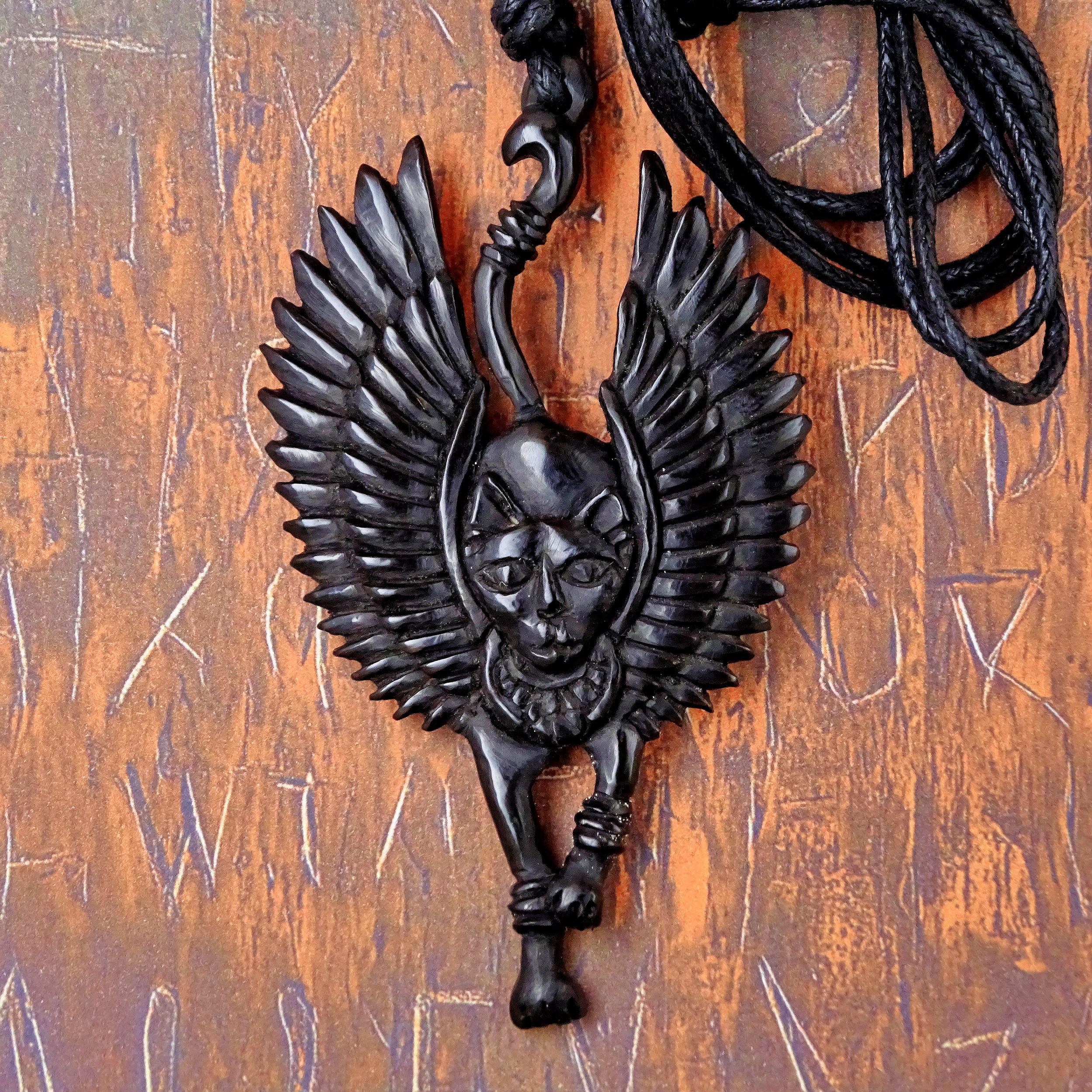 Egyptian Cat Goddess Bastet Pendant Necklace Handcarved Black Horn Scarab Wings