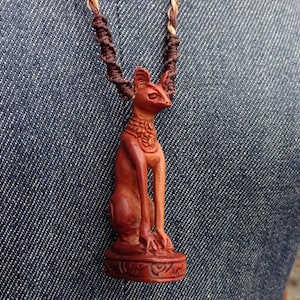 Cat Goddess Bastet Pendant Necklace Handcarved Teak Cat Lady Custom Macramé