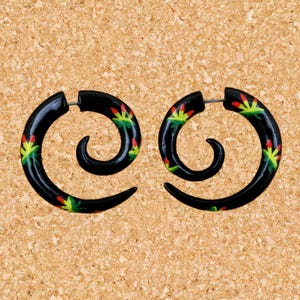Rasta Mary Jane Fake Gauges Earrings - Rasta Curls - Painted Wood Earrings - Orange and Black - Faux Gauges - Woman's Earrings