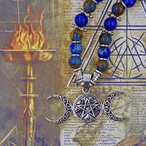 Triple Moon Goddess Pentacle Pendant Sterling Silver Beaded Necklace