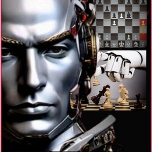 Puede incluir: Ilustración digital con un rostro metálico, un tablero de ajedrez y una mano robótica jugando al ajedrez. El texto "Caro-Kann Tal Variation" y "Chess Notes 2025" también están presentes.