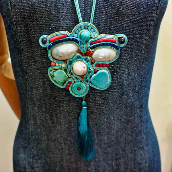 Collana Soutache blu turchese e perline multicolore regalo per lei