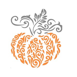 Könnte beinhalten: Ein dekoratives Kürbisdesign mit komplizierten orangefarbenen Wirbeln und grauen Ranken. Der Kürbis ist ein stilisiertes Design in Herzform.