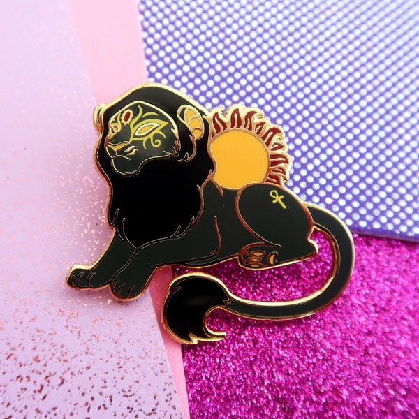 Egyptian Style Mane Lion Black Enamel Pin God Fantasy Brooch Creative Art Animals Creature