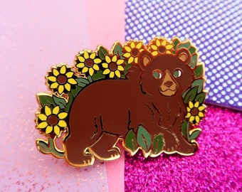 Grizzly Bear Hard Enamel Pin Sunflowers North American Animals Brooch Wildlife