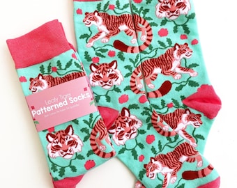 Tiger Socks Cute Apparel Patterned Bengal Big Cat Animals Quirky Peach Green Leafy