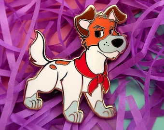 May include: A colorful enamel pin of a cartoon dog with a red scarf. The dog has white fur with brown and orange markings. The pin has a gold outline and is set against a purple background.