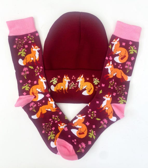 Red Fox Hat and Sock Bundle Patterned Unisex One Size Animal Art Quirky Apparel