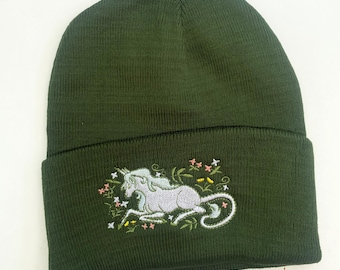 Green Unicorn Medieval Tapestry Last Unicorn Inspired Fantasy Beanie Hat Embroidery