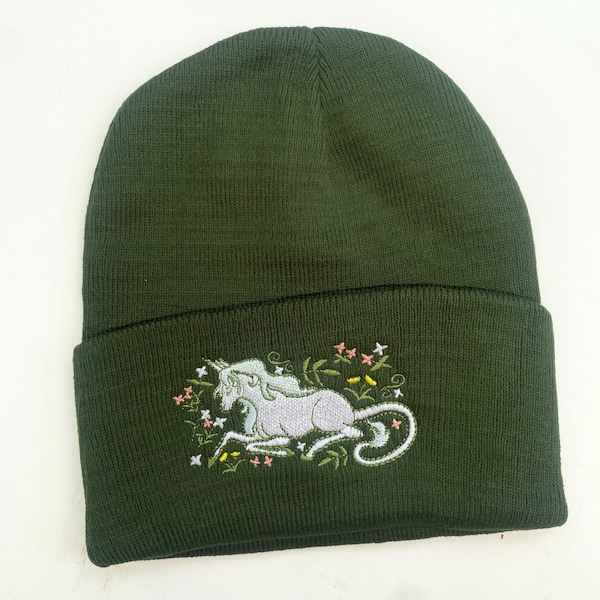 Groene Eenhoorn middeleeuws tapijt Laatste Eenhoorn geïnspireerd Fantasy Beanie Hat borduurwerk