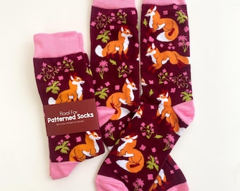 Red Fox Floral Patterned Socks Pink Maroon UK Store Nature Animal Art Apparel