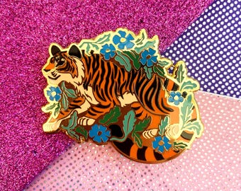 Tiger Bengal Jungle Flowers Endangered Animals Zoology Natural World Big Cat Enamel Pin