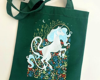 Fantasy Mythical Unicorn Tapestry Nature Green Tote Bag Animals Nature Equine Cottagecore