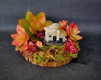 Fairy Gardenscape with Orange and Red Faux Succulents, Fairy Garden, Succulent Arrangement