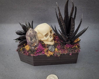 Coffin Decor with Faux Skull and Dyed Moss, RIP, Clear Quartz, Faux Succulents