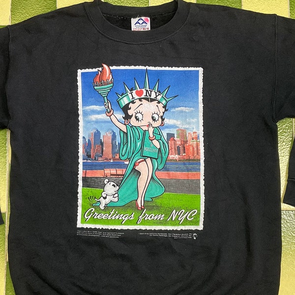 vintage Betty Boop Love NYC Sweatshirt Parody Statue of Liberty Pullover Double Faced Print Fits Size M-L Adult Made in USA