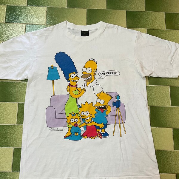 Vintage des années 80, 1989 T-shirt dessin animé The Simpsons Say Cheese, impression recto-verso, taille XL, fabriqué aux États-Unis