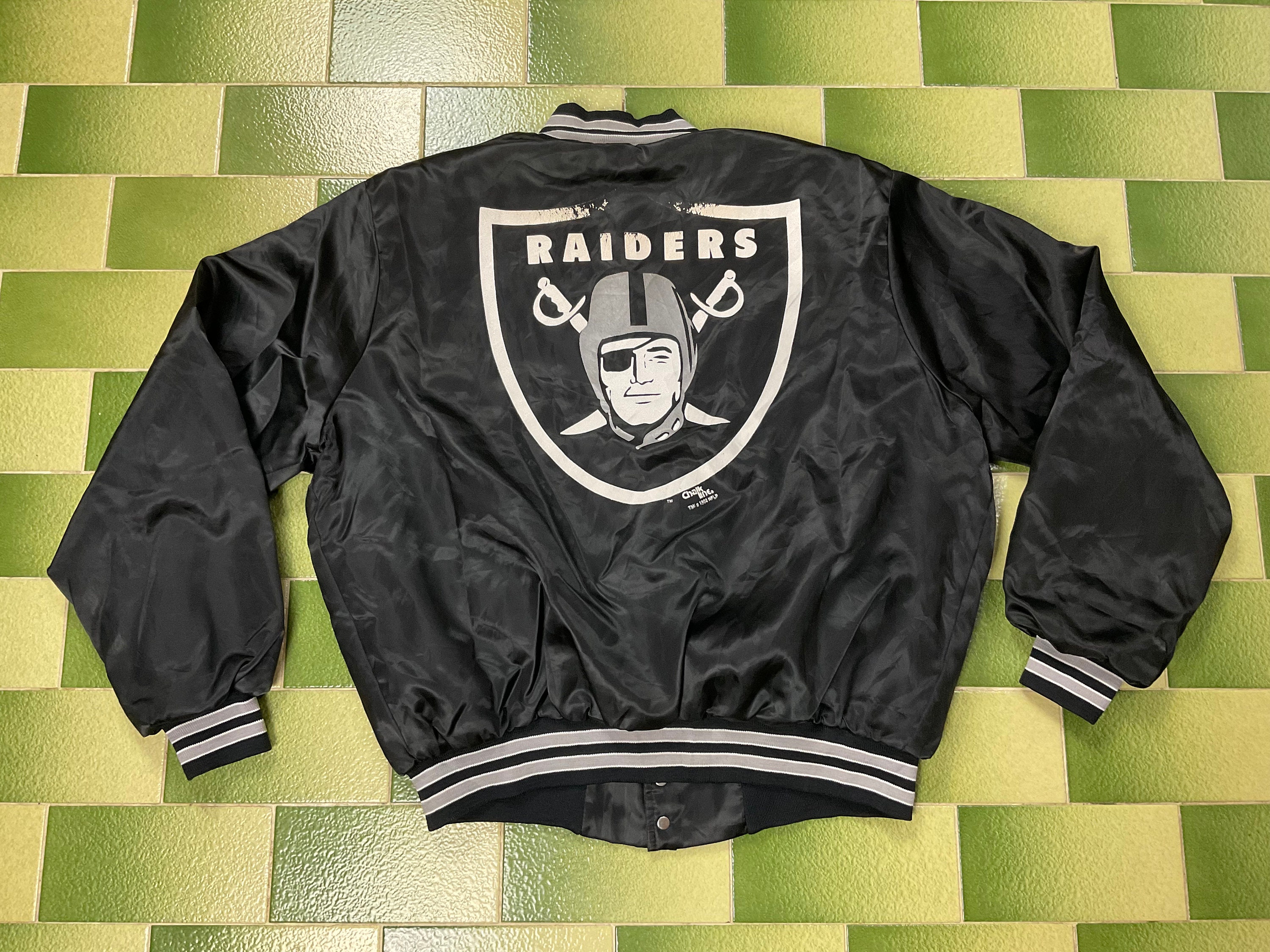 Vintage 90s 1992 NFL Los Angeles Raiders Satin Bomber Jacket by Chalk Line  Fits Size L Adult Made in USA