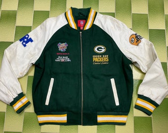 NFL Green Bay Packers Varsity Wool Blend Jacket Leather Sleeved Full-Zip Bomber Jacket Sewn Embriodered Fits Size L Women