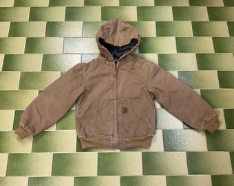 Vintage Carhartt Hoodie Jacket Beige Fleece Lined Full-Zip Size Youth Kids Small (6/7)