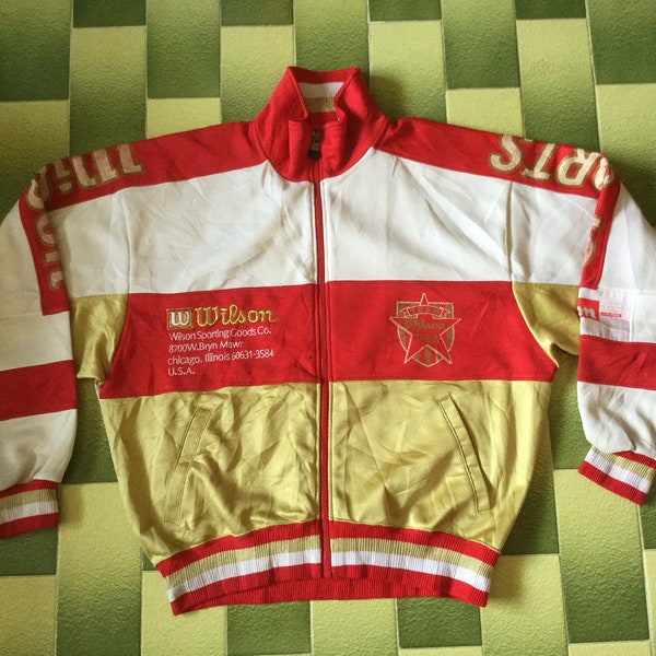 Vintage Wilson Track Jacket Full Zip Wilson Sports Tracksuit Classic Design with red, white and gold color Fits M Adult