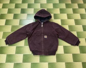 Vintage Carhartt paarse hoodie jas volledige ritssluiting gewatteerde gevoerde maat jeugd kinderen klein gemaakt in de VS