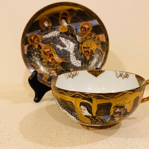 Antique Very Rare 19th Century Meiji Japanese Satsuma Immortal Figures Porcelain Tea Cup and Saucer
