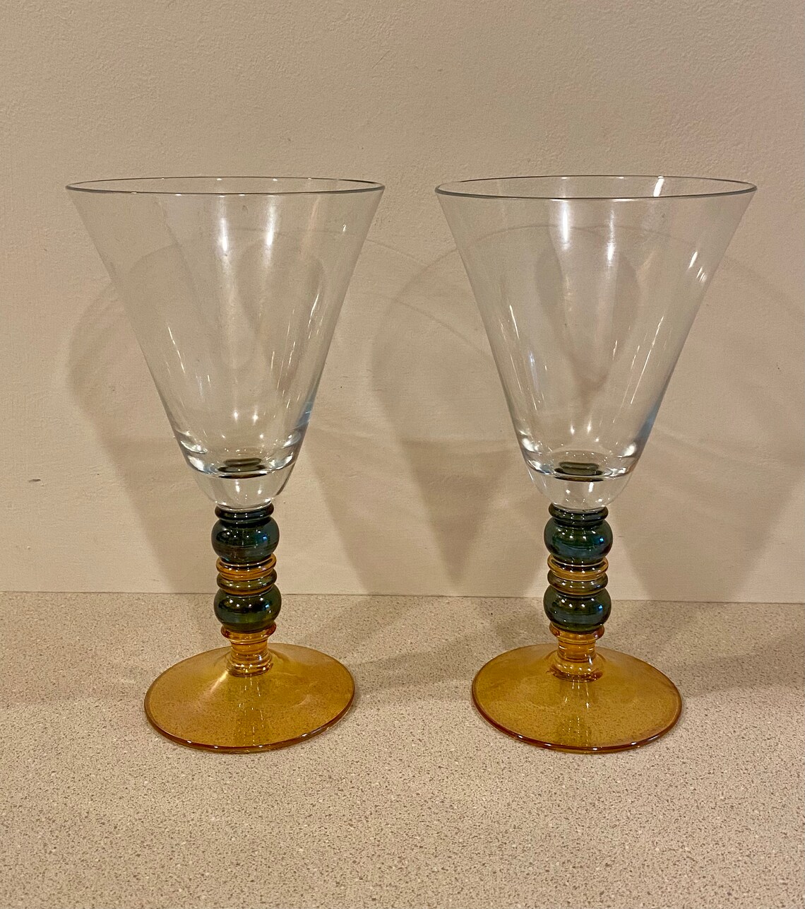 Set of 2 Amber and Teal Stem large wine glasses 7.75 Etsy