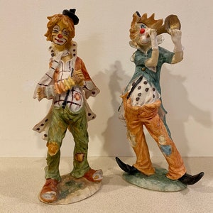 Hobo Clown Figurines Playing Horn and Harmonica 10.75&quot; Pair Vintage Porcelain