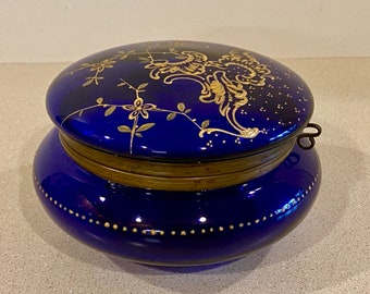 Jewelry Box Antique Cobalt Blue Glass Enameled Gilded Hinged Lid