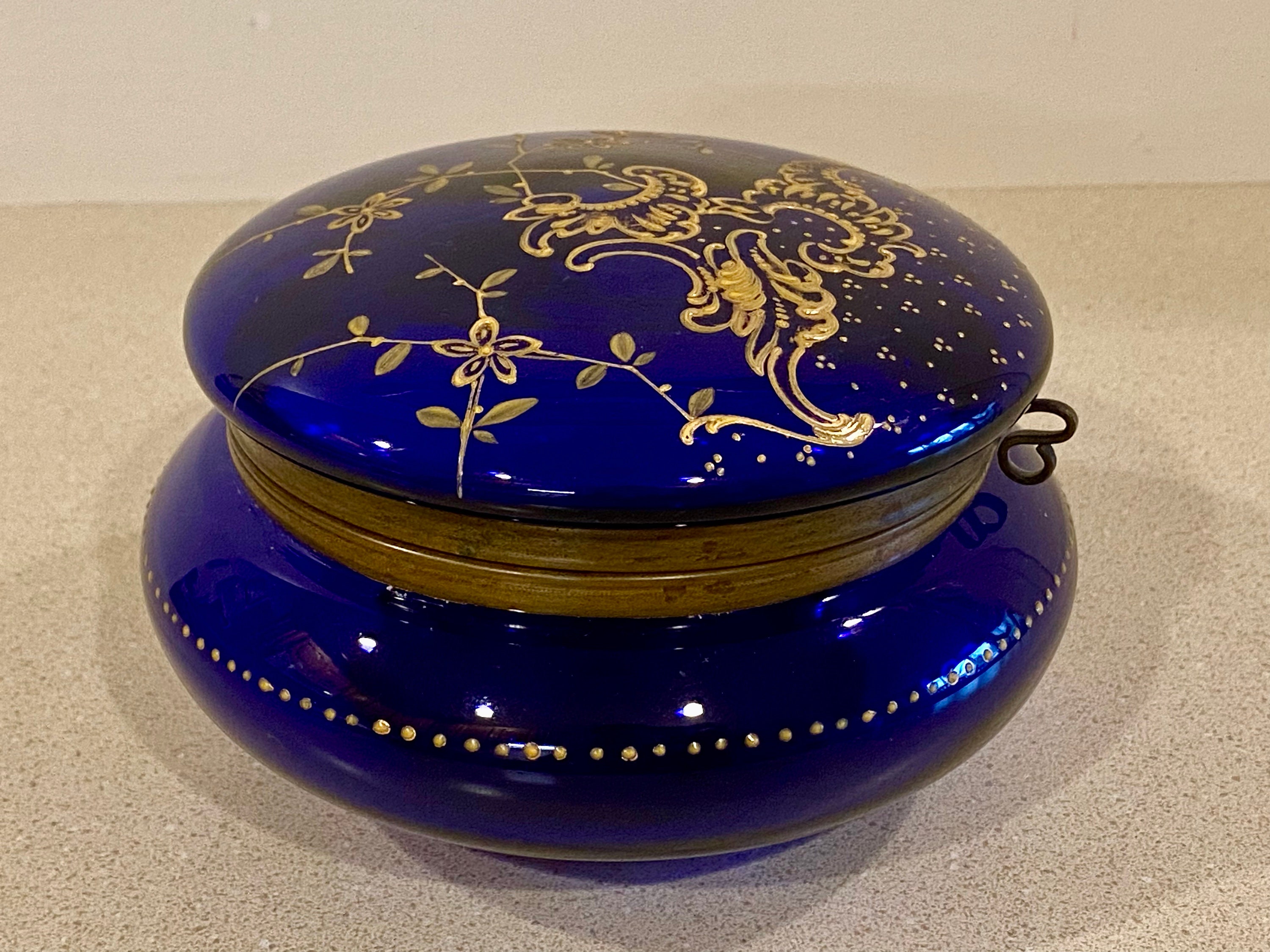 Jewelry Box Antique Cobalt Blue Glass Enameled Gilded Hinged Lid