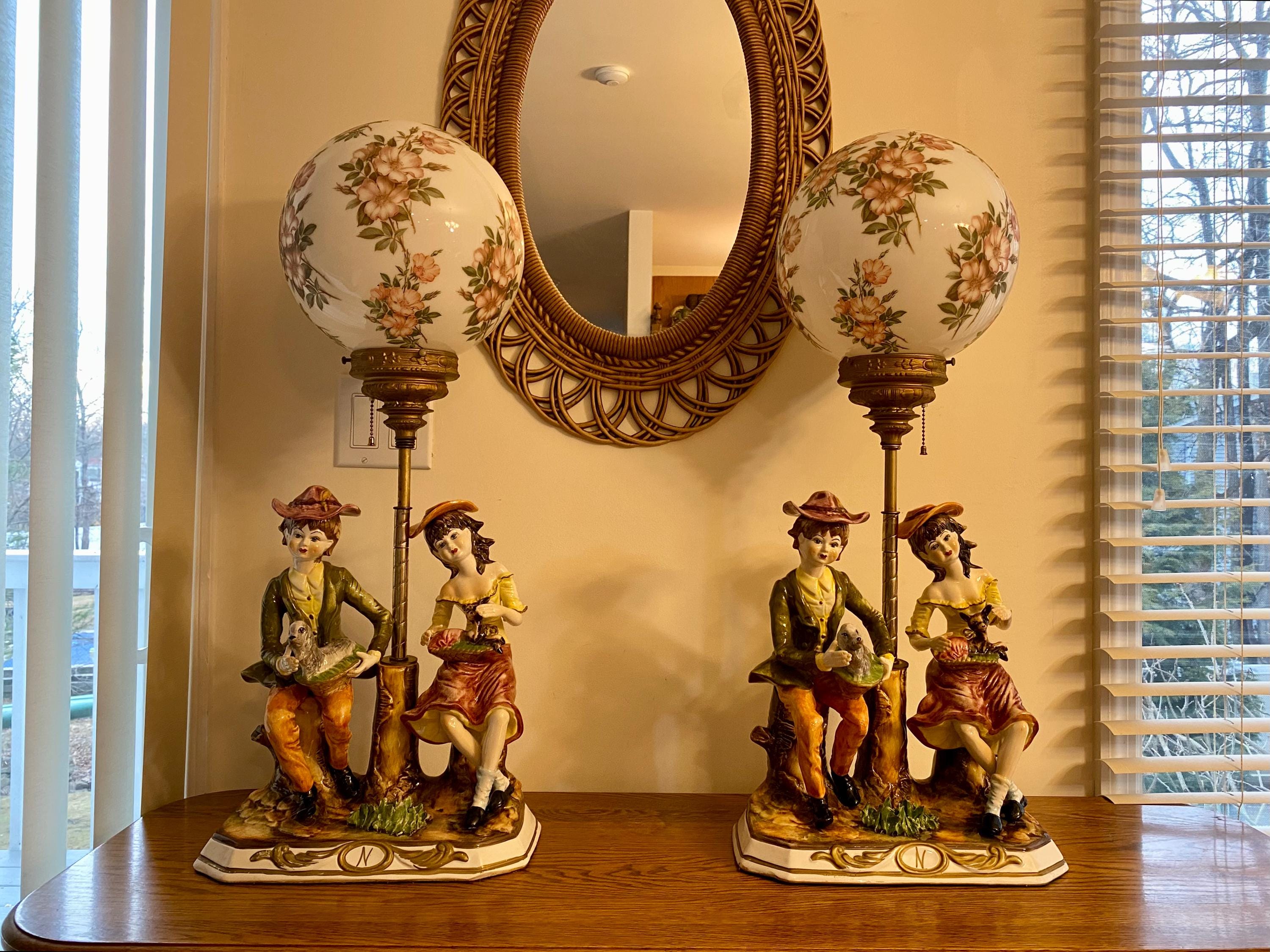 Pair of Vintage Capodimonte Porcelain Brass and Glass Globe Lamp