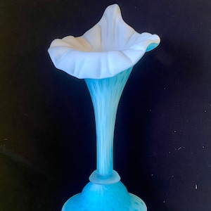 1970s Murano Mother of Pearl Cased Satin Glass Vase Jack in the Pulpit Aqua Capri Blue 12.25”