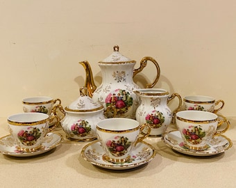 Vintage Porcelain Courting Couple Demitasse Set 13 Pcs Gold Plated no Mark