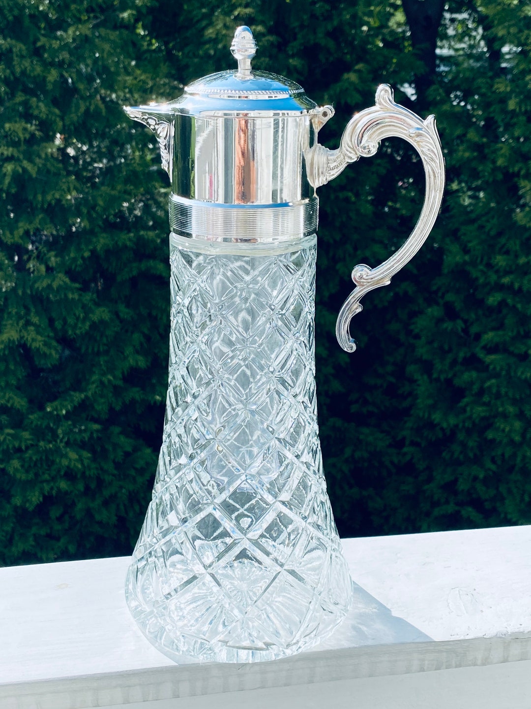 Water Pitcher With Ice Chamber Diamond Point Glass With Silver Etsy