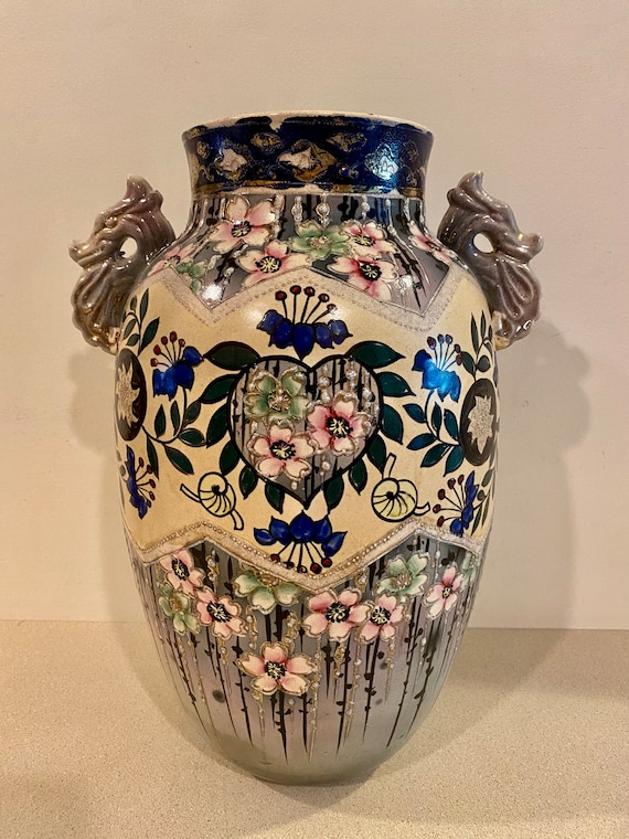Vintage Japanese Pottery Hand Painted Moriage Floral Dragon