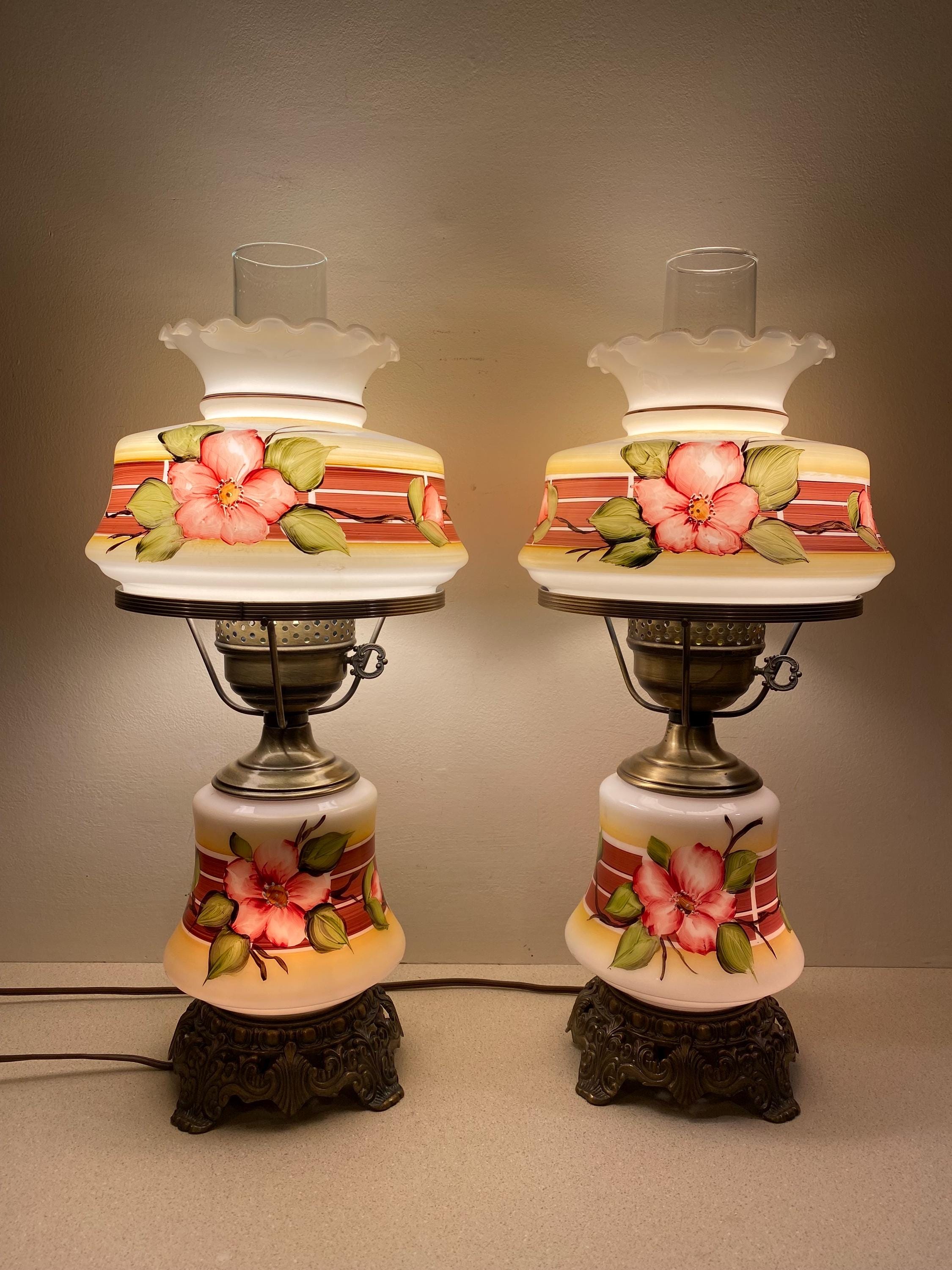 Pair of Vintage Quoizel Desert Rose Small 3 Way Hurricane Lamps