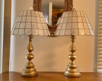 Vintage Pair of Brass Base Lamps with Capiz Shell Shades – 28.25&quot; H